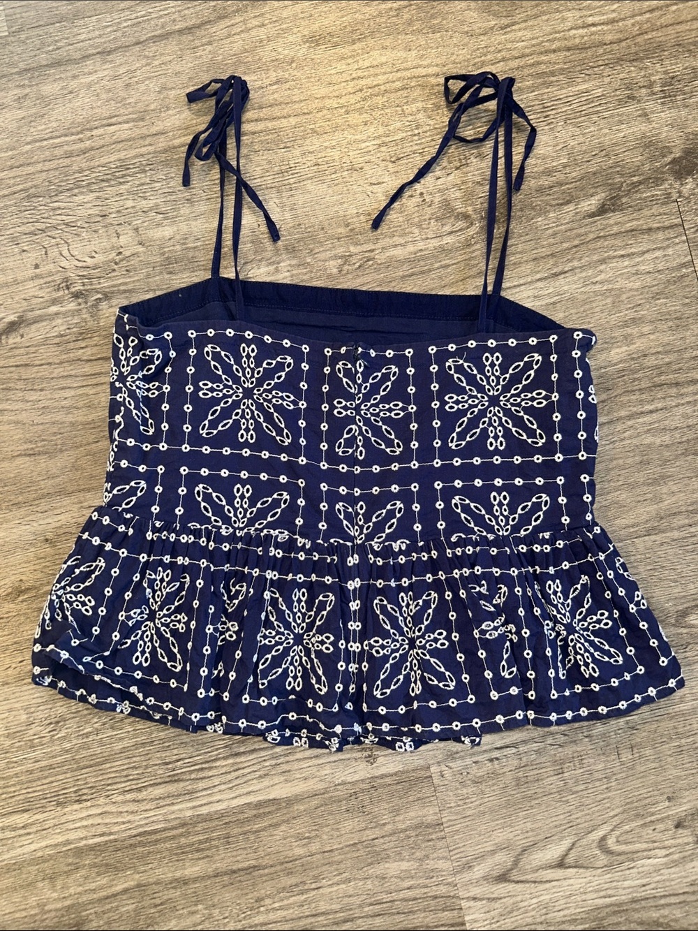 Milly Navy Blue Embroidered Peplum Tie Strap Blouse Cotton Large - Picture 5 of 8
